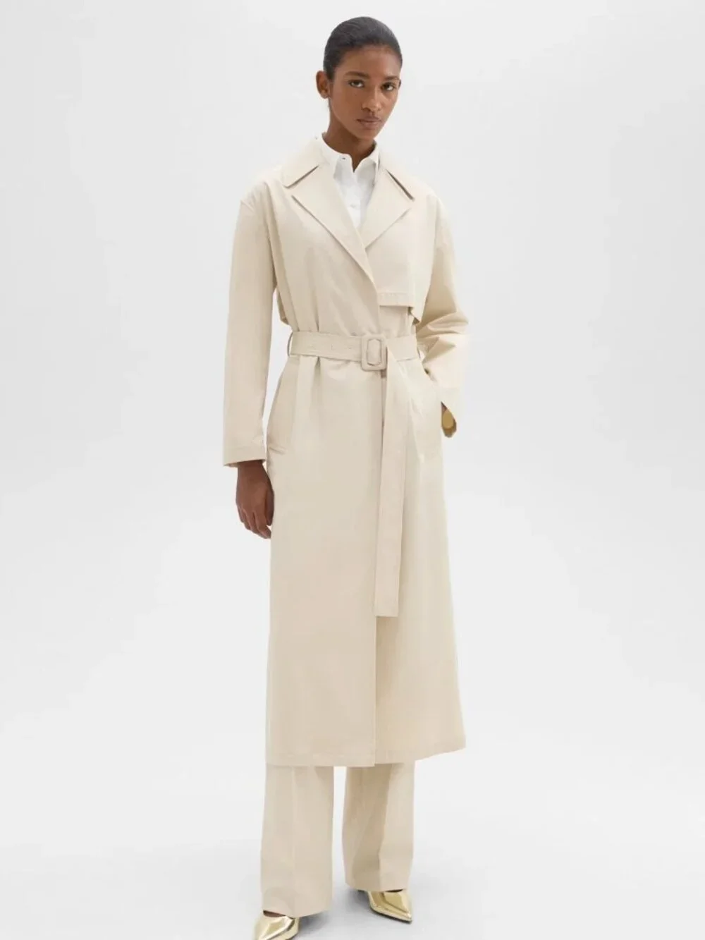 THEORY Wrap Trench Coat Organic Cotton Sand Maxi Size XL NWT